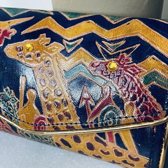 VTG Leather Embossed Giraffe Wildlife Jungle Africa Structured Crossbody Bag - Picture 10 of 12